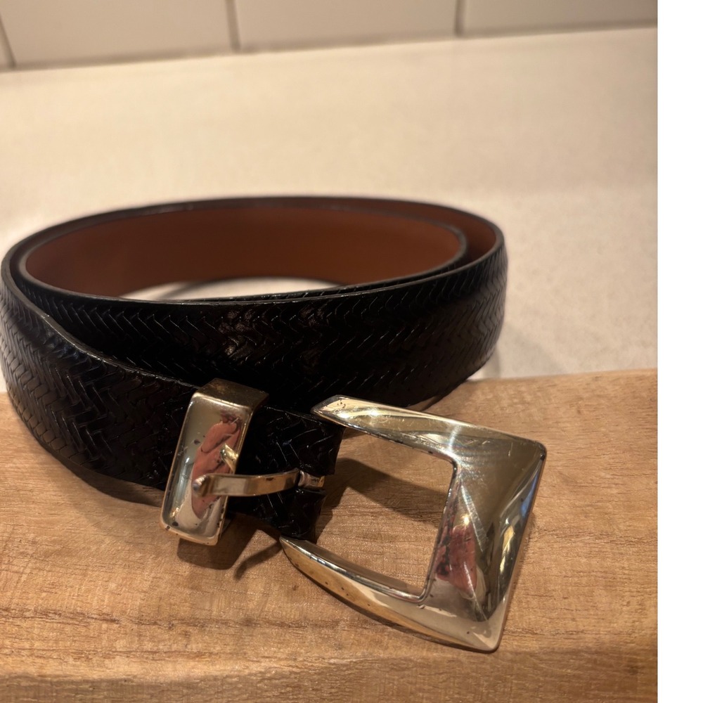 Onyx by Brighton Black Woven Leather Belt Gold Buckle Italian Calfskin 36 15603
